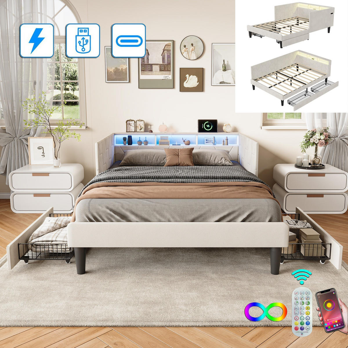 POLSTERBETT 140x200 cm mit 2 Schubladen, LED-Kopfteil und Stauraum, USB- und Typ-C-Ladefunktion, Lattenrost, Samtstoff - Beige - Beige, Holzwerkstoff (140/200cm) - Brevoria