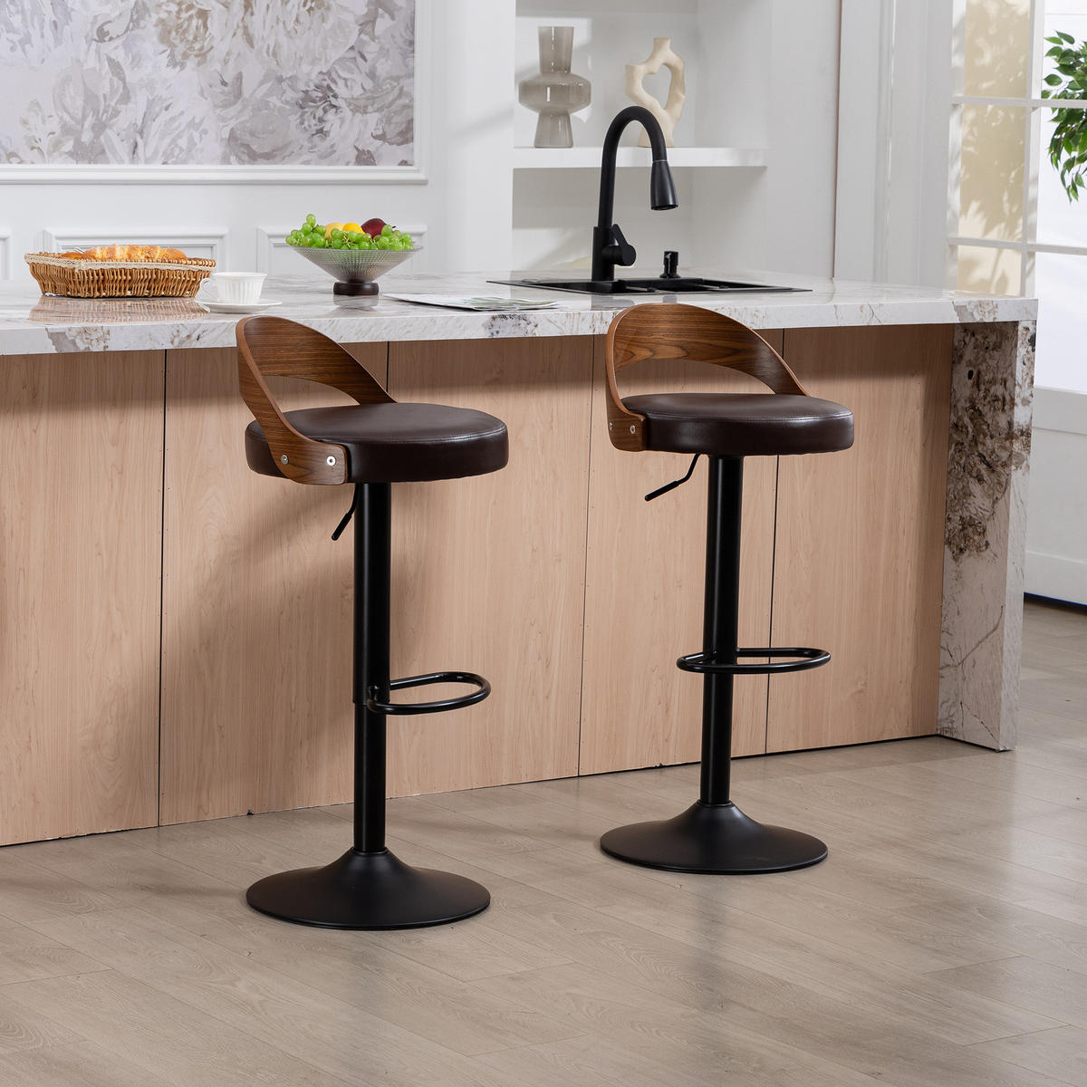 BARHOCKER 2er-Set drehbar höhenverstellbar mit Rückenlehne PU-Leder Braun - Braun, Metall (42/77/42.5cm) - Meubliv