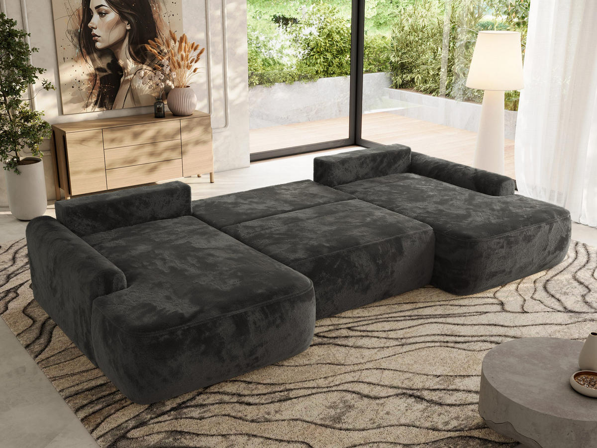 WOHNLANDSCHAFT CUBO U Dunkelgrau Plüsch - Dunkelgrau/Schwarz, Kunststoff/Textil (370/100/187cm) - MKS