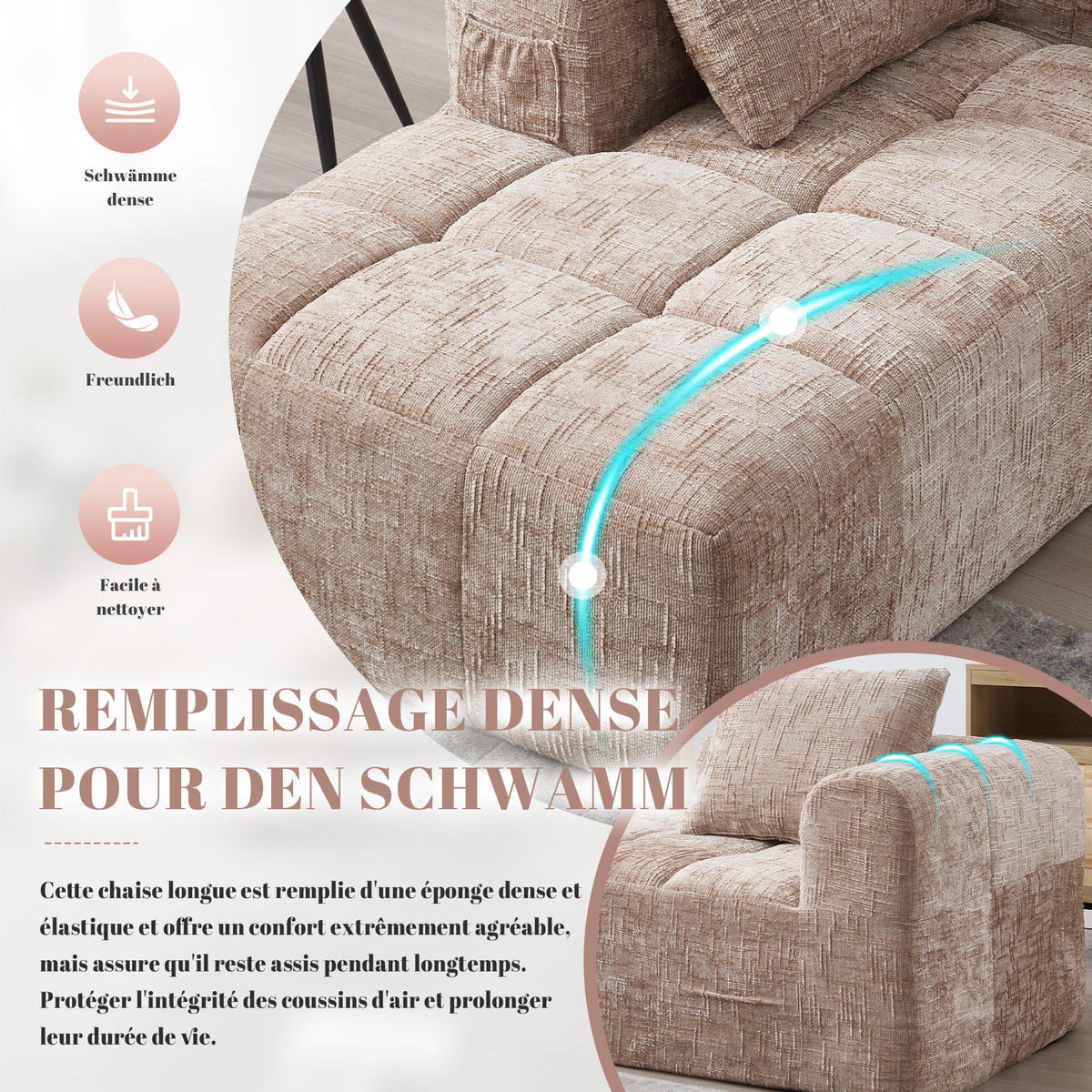 RÉCAMIERE Chenille Khaki mit Kissen und Stauraum - Hellbraun, Textil (158/60/90cm) - WISHDOR