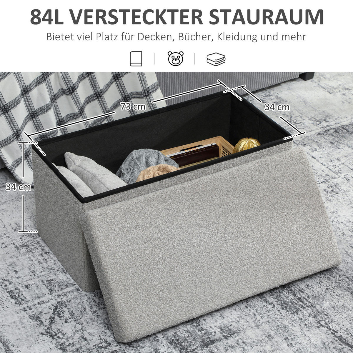 SITZBANK mit Stauraum, faltbar Polsterbank, Bettbank mit Samtoptik, Sitztruhe - Hellgrau, Textil (38/38/76cm) - HOMCOM