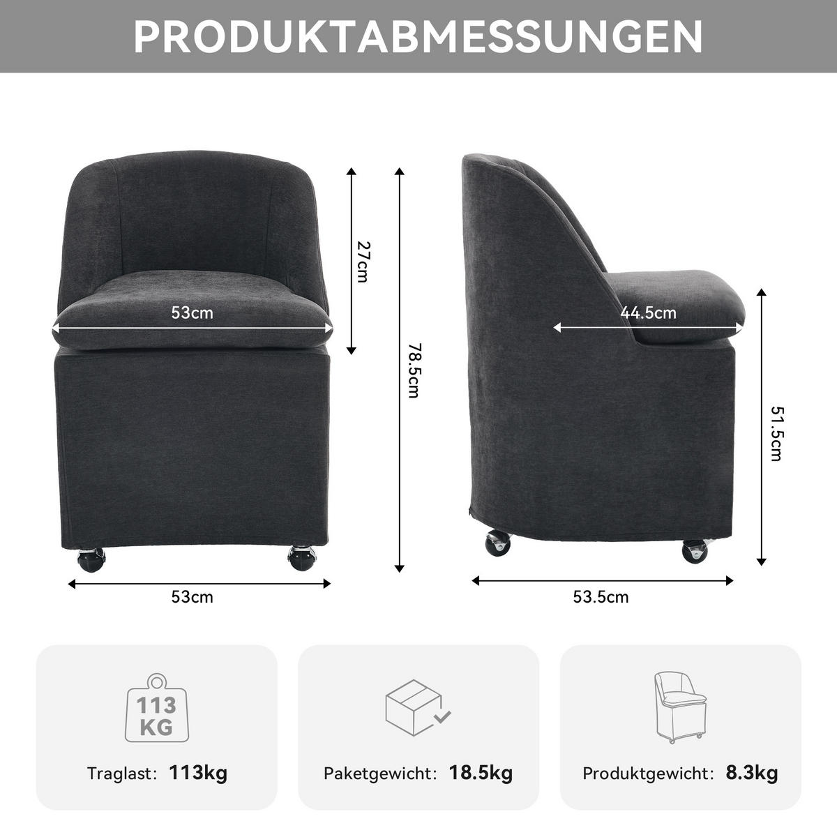 POLSTERSTUHL DE-36250 2er-Set mit Universalrollen Grau - Grau, Metall (53/78.5/53.5cm) - ComfortXL