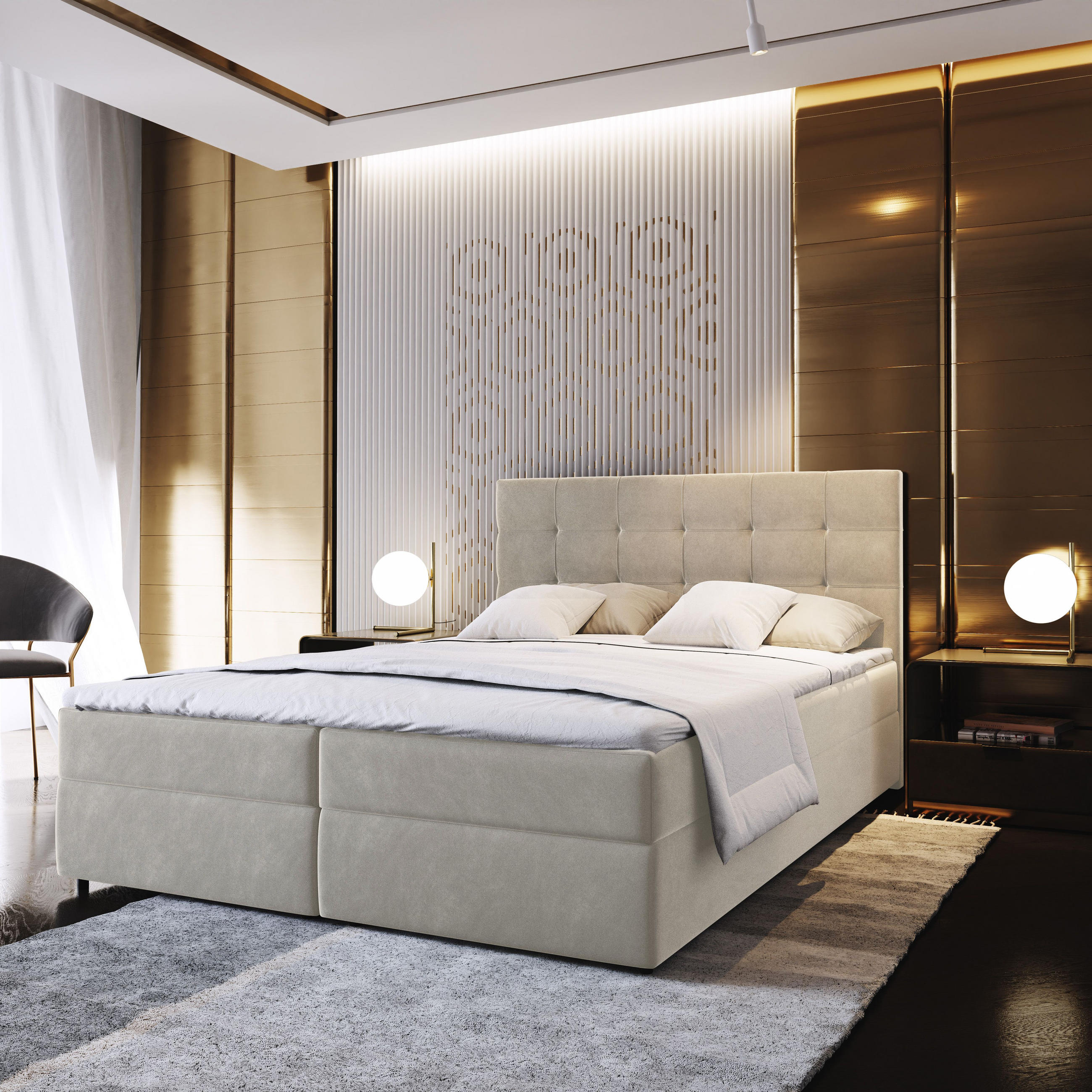 BOXBETT GLOS 160x200 cm mit Matratze und Topper - Beige - Beige, Holz (160/200cm) - MASSENO