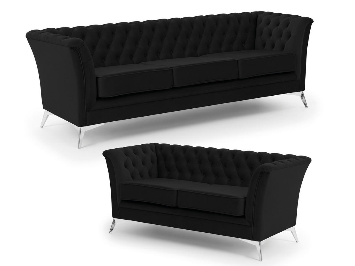 SITZGARNITUR 3+2 Chesterfield Whitby Schwarz Samt mit silbernen Füßen - Silberfarben/Schwarz, Holz/Textil (237/78/82cm) - S-Style Möbel
