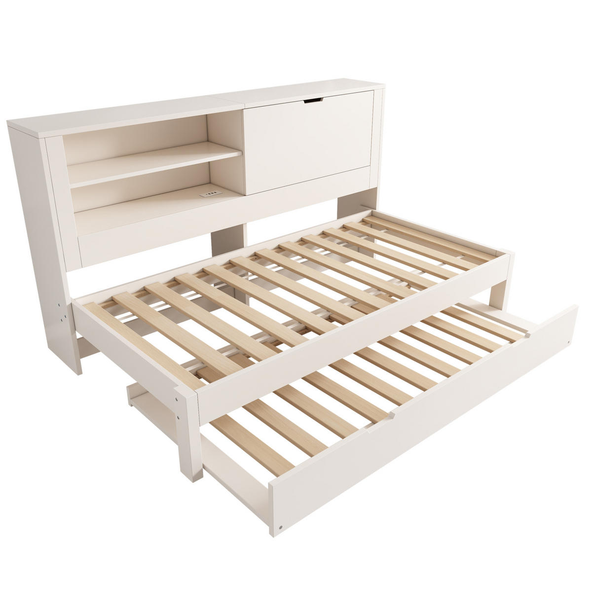 POLSTERBETT 90x190 cm in Weiß mit Ausziehbett & USB-Ladestation - Weiß, Holzwerkstoff (90/190cm) - Modfu