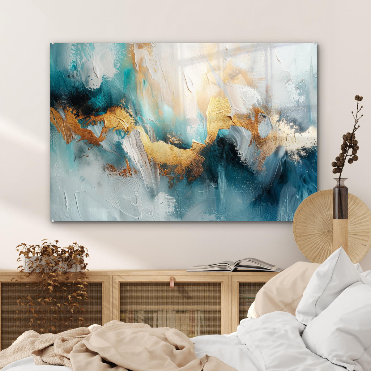 ACRYLGLASBILD Abstrakt - Kunst - Gold - Blau 90x60 cm - Petrol, Glas (90/60cm) - MuchoWow