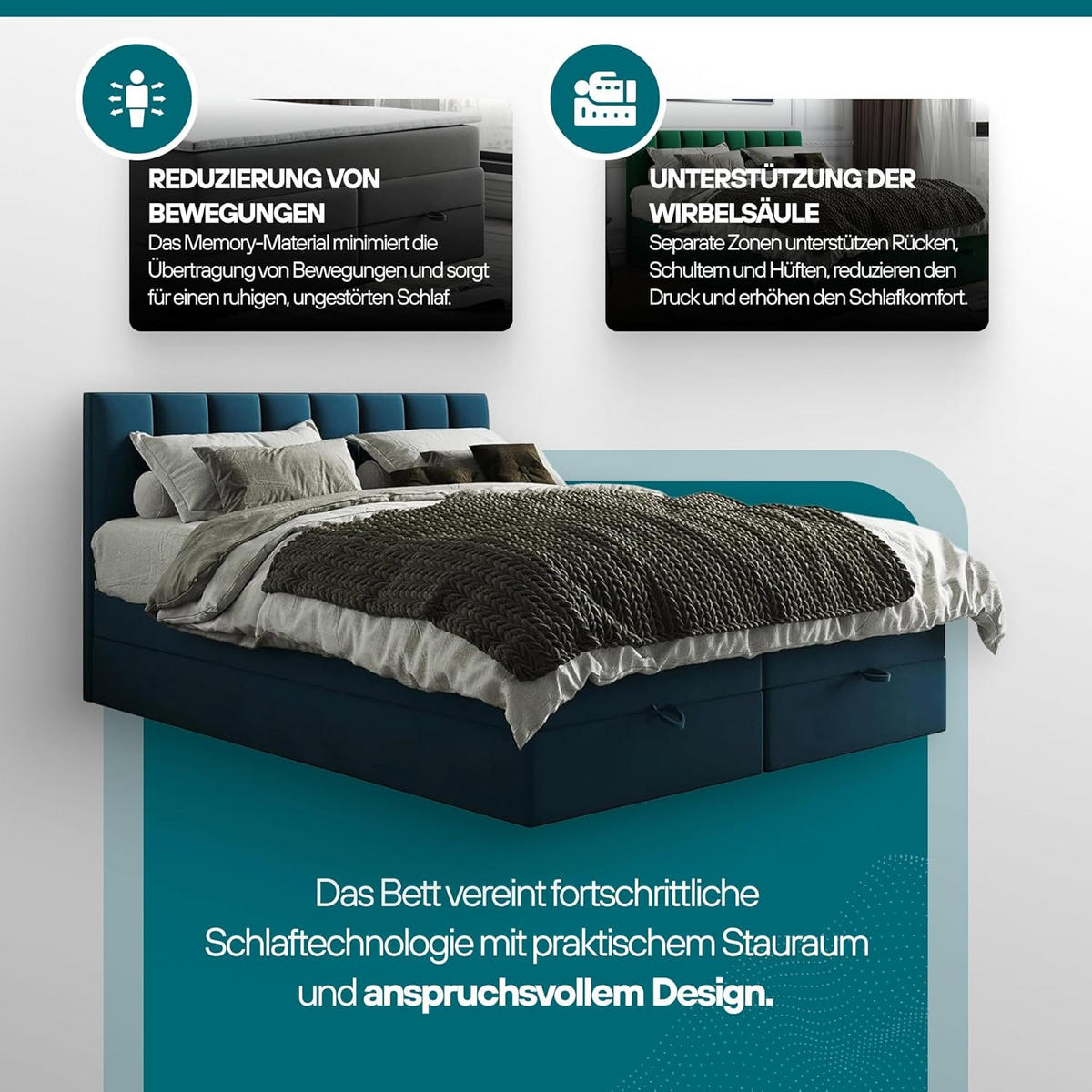 BOXBETT mit Bettkästen und Matratze - Bett Gusto mit Topper aus Memory Visco - Dunkelgrau - 140 x 200 cm - Dunkelgrau, Holzwerkstoff/Kunststoff (140/200cm) - Trada
