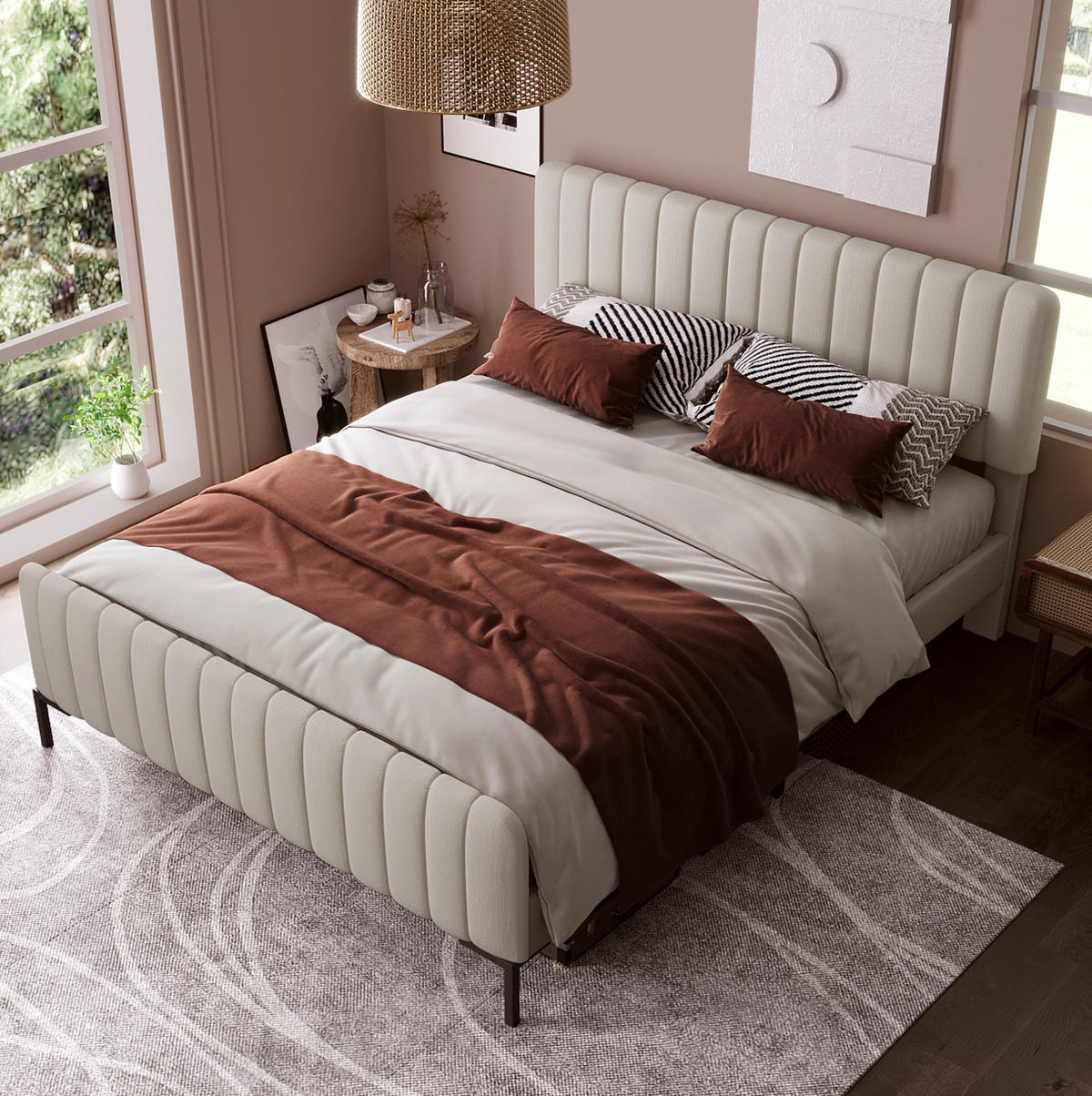 POLSTERBETT 140/200 cm Grau-Beige aus Leinen mit verstellbarem Kopfteil - Grau, Textil (140/200cm) - OKMYHOME