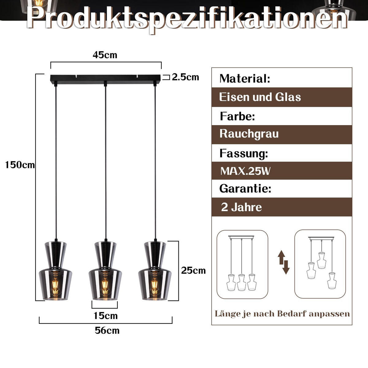 HÄNGELEUCHTE Fyxxu 15.0/150.0/56.0 cm - Grau, Glas (56/15/150cm) - ZMH