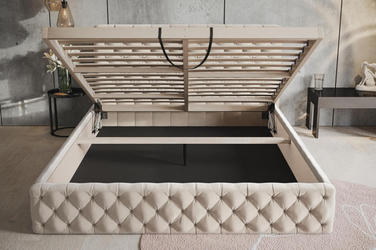 BETT 160x200 - Polsterbett mit Bettkasten und Holzrahmen - Elegant Betten - Weicher Jasminstoff - Kollektion Miami, Beige - AlpiMeble - Beige, Holz/Kunststoff (160/200cm) - Alpi-Möbel