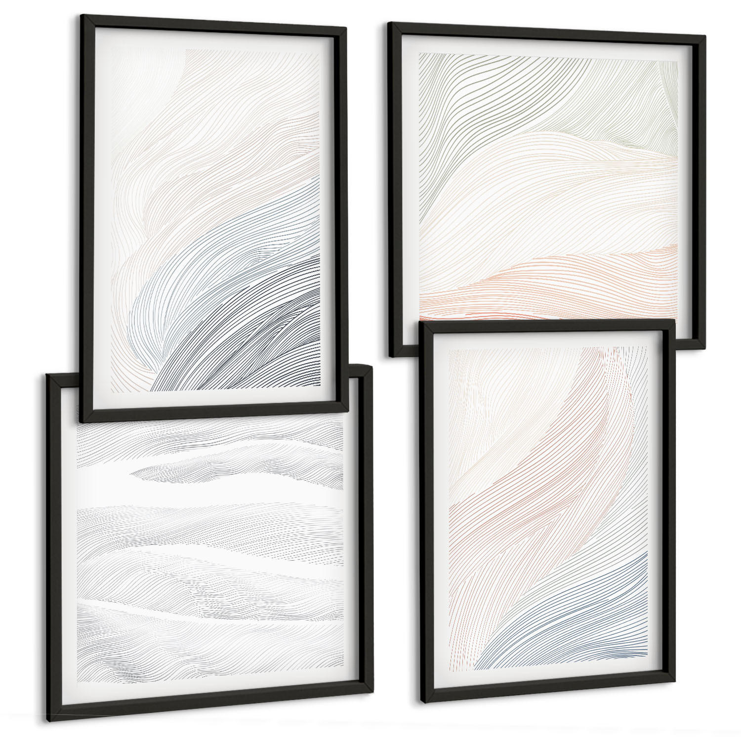BILDER SET 4er Set - 50x50 cm & 40x60 cm Schwarzer Rahmen - Abstrakte Pastellwellen - Schwarz, Kunststoff (50/50cm) - TULUP