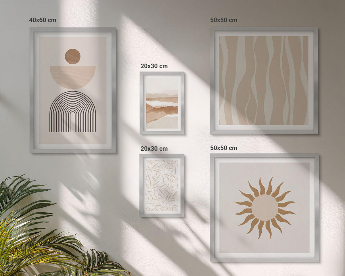 BILDER SET 5er Set - 50x50 cm & 20x30 cm & 40x60 cm Silberner Rahmen - Abstrakte Landschafts- und Naturgeometrie - Silberfarben, Kunststoff (40/60cm) - TULUP