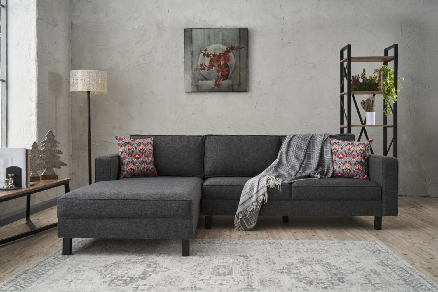 ECKSOFA mit elegantem Leinen-Bezug - Anthrazit/Schwarz, Buchenholz/Textil (258/187cm) - myHomelando