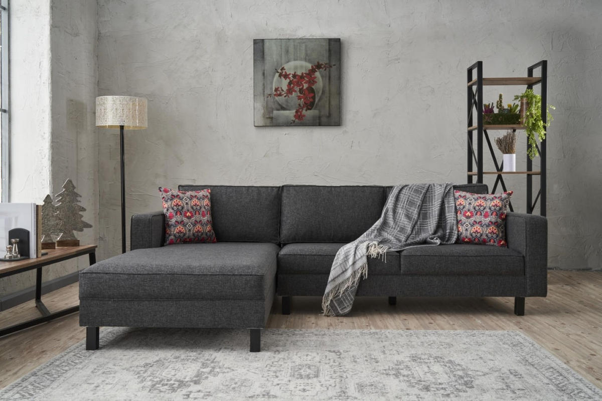 ECKSOFA mit elegantem Leinen-Bezug - Anthrazit/Schwarz, Buchenholz/Textil (258/187cm) - myHomelando