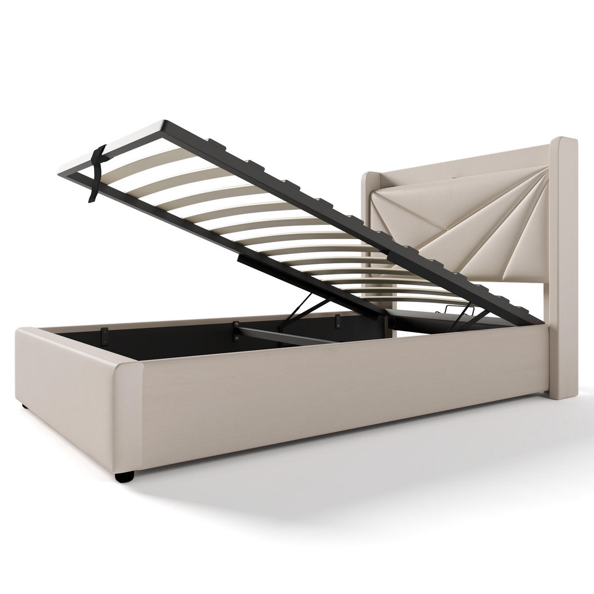 POLSTERBETT 90/200 cm Beige mit Stauraum und USB- und Type-C-Anschlüssen aus Baumwolle-Leinen - Beige, Textil (90/200cm) - OKWISH