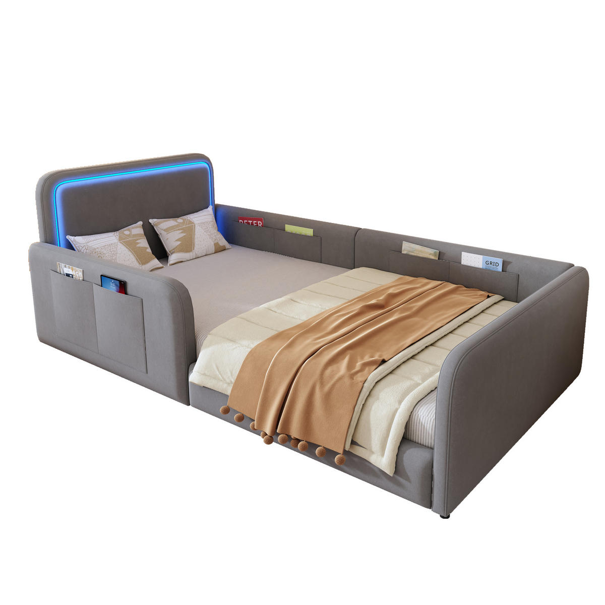 POLSTERBETT 90x200cm LED App Steuerung Seitentasche Grau - Grau, Textil (90/200cm) - FLIEKS