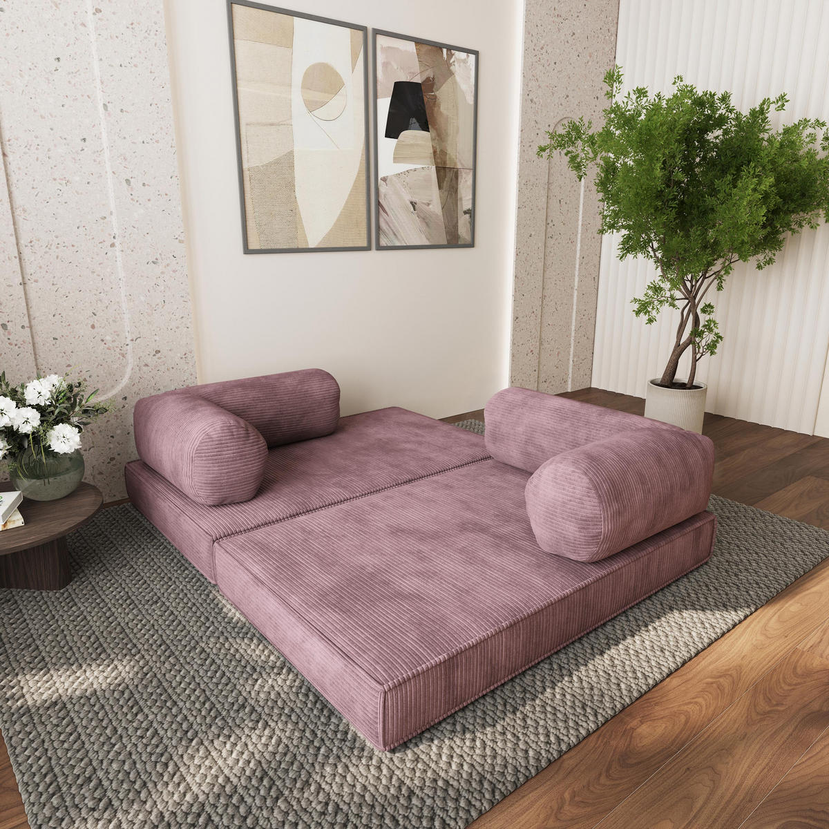 ECKSOFA ETERA modulares Boneless Sofa mit Schlaffunktion Lila Cordstoff - Lila, Textil (270/160cm) - MASSENO
