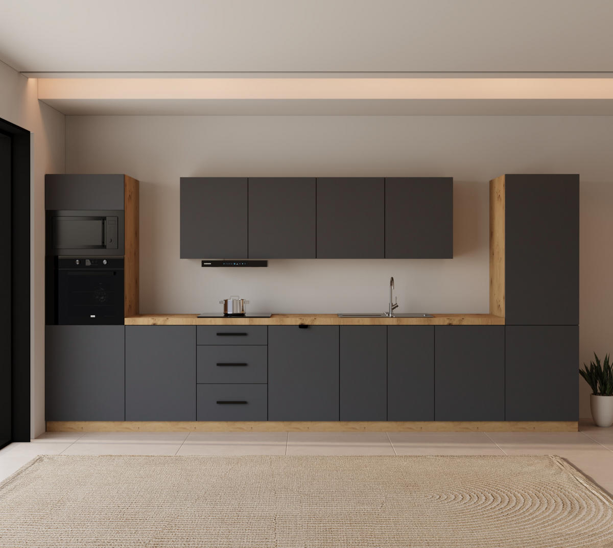 KÜCHENZEILE 440 cm - Langen KL7-M440 in Grau/Matt - Grau, Holz/Metall (440/212/58cm)