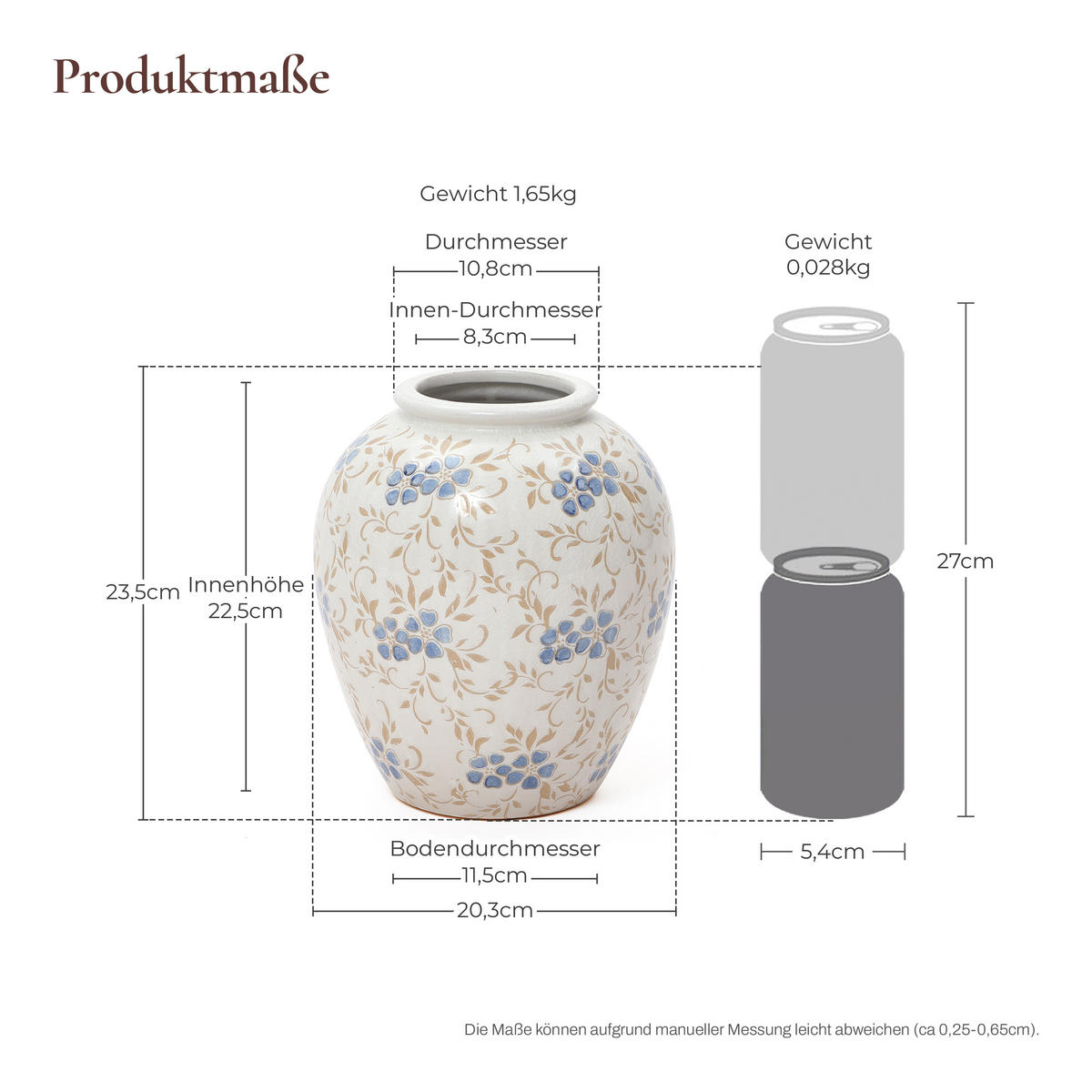 KERAMIKVASE 23,5 cm mit Craquelé-Glasur und Blumenmuster Vintage - Weiß, Keramik (23.5cm) - Hometopia
