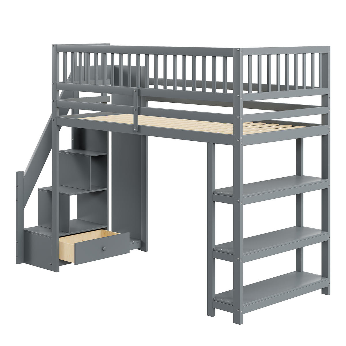 HOCHBETT 90/200 cm grau mit Sicherheitsleiter und Stauraum - Grau, Holz (90/200cm) - OKWISH