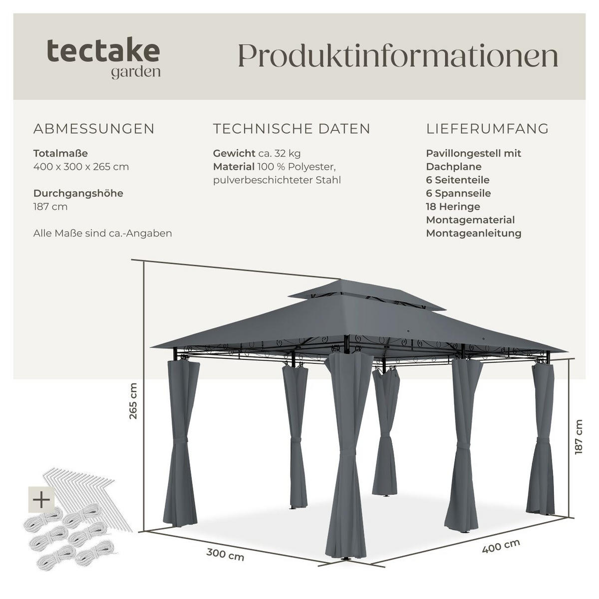 GARTENPAVILLON Emine,inklusive Spannseilen und Heringen,anthrazit - Anthrazit, Kunststoff (300/265/400cm) - tectake