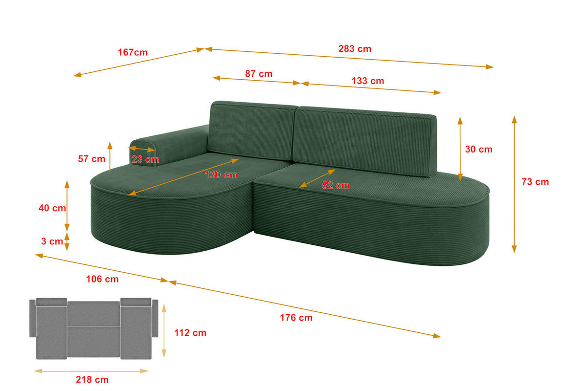 ECKSOFA mit Schlaffunktion und Bettkasten Ottomane Links MARI-L1-S - 283x167x73 cm Grün Cord - Waldgrün/Schwarz, Holzwerkstoff/Kunststoff (283/167cm) - ALTDECOR