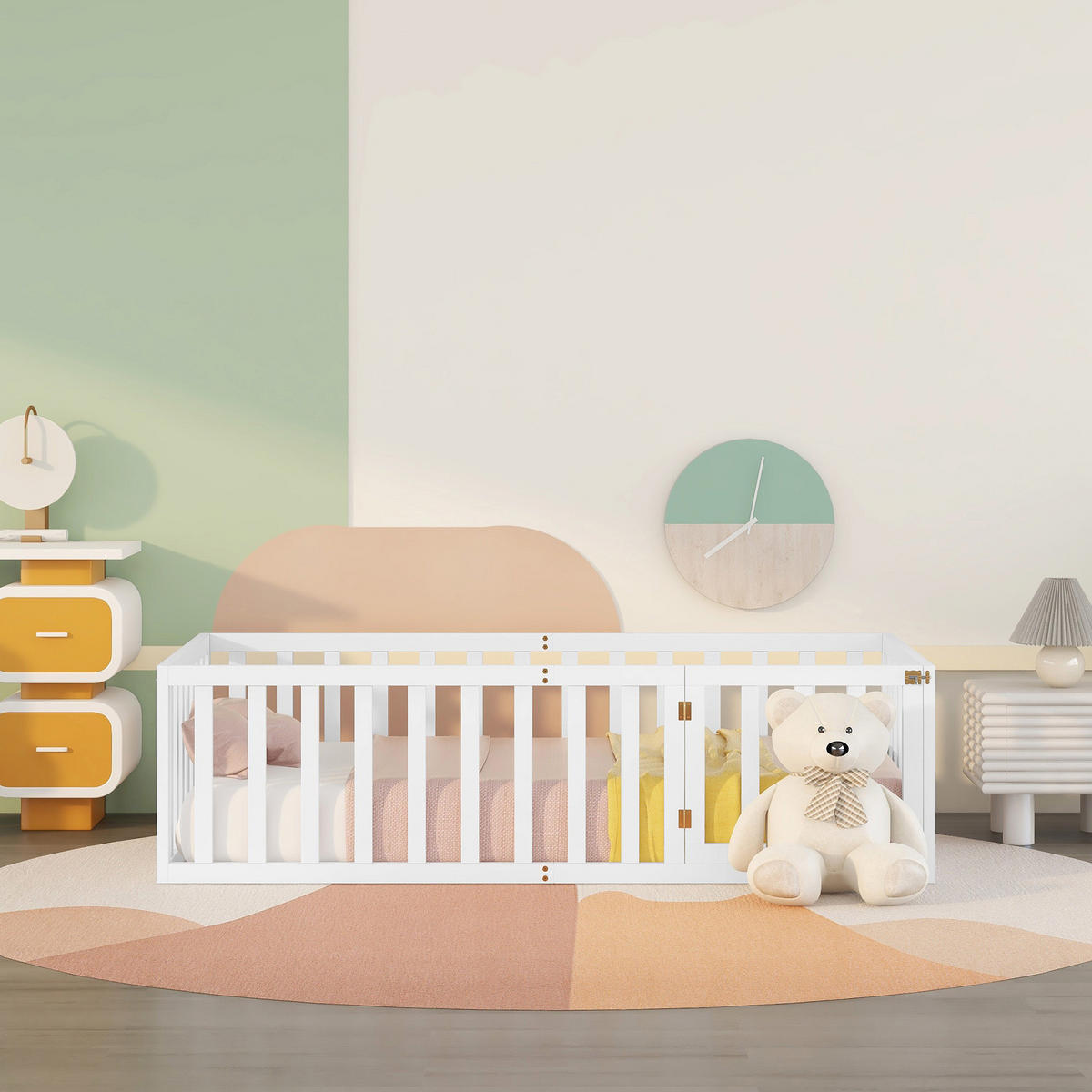 KINDERBETT 90/200 cm Weiß aus Kiefernholz mit Zaun und Tür - Weiß, Holz (90/200cm) - OKWISH