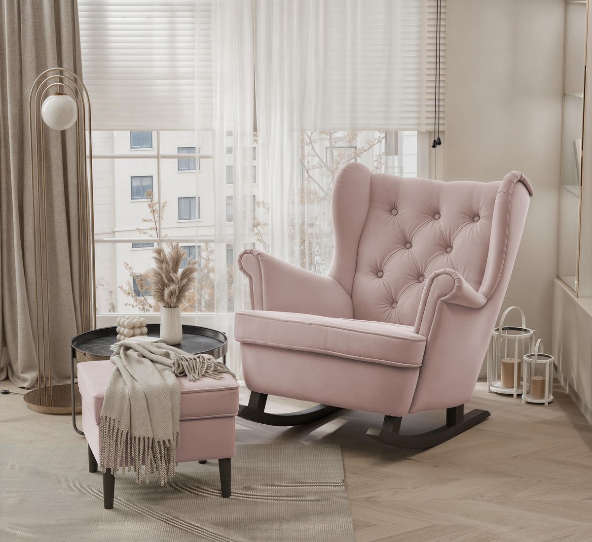 SCHAUKELSESSEL SCANDI Holzfüße, Samt Rosa - Rosa, Holz/Textil (75/97/60cm) - Idohome
