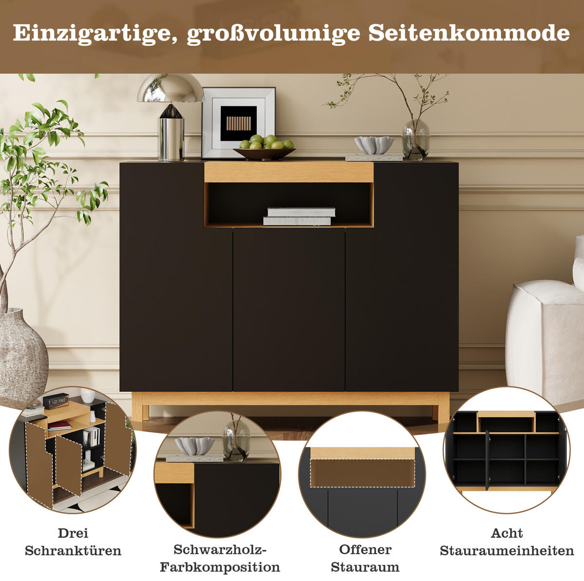 SIDEBOARD 120,5/42/96 cm in Schwarz mit 3 Türen und offenem Fach - Schwarz, Holzwerkstoff (120.5/96/42cm) - Flora Grace
