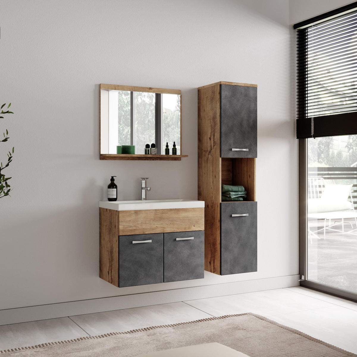 BADEZIMMERSCHRANK Montreal mit 2 Türen Kastanien Eiche / Grau - 30 x 30 x 130 cm - Eichefarben/Grau, Holz (30/131/30cm) - Badplaats