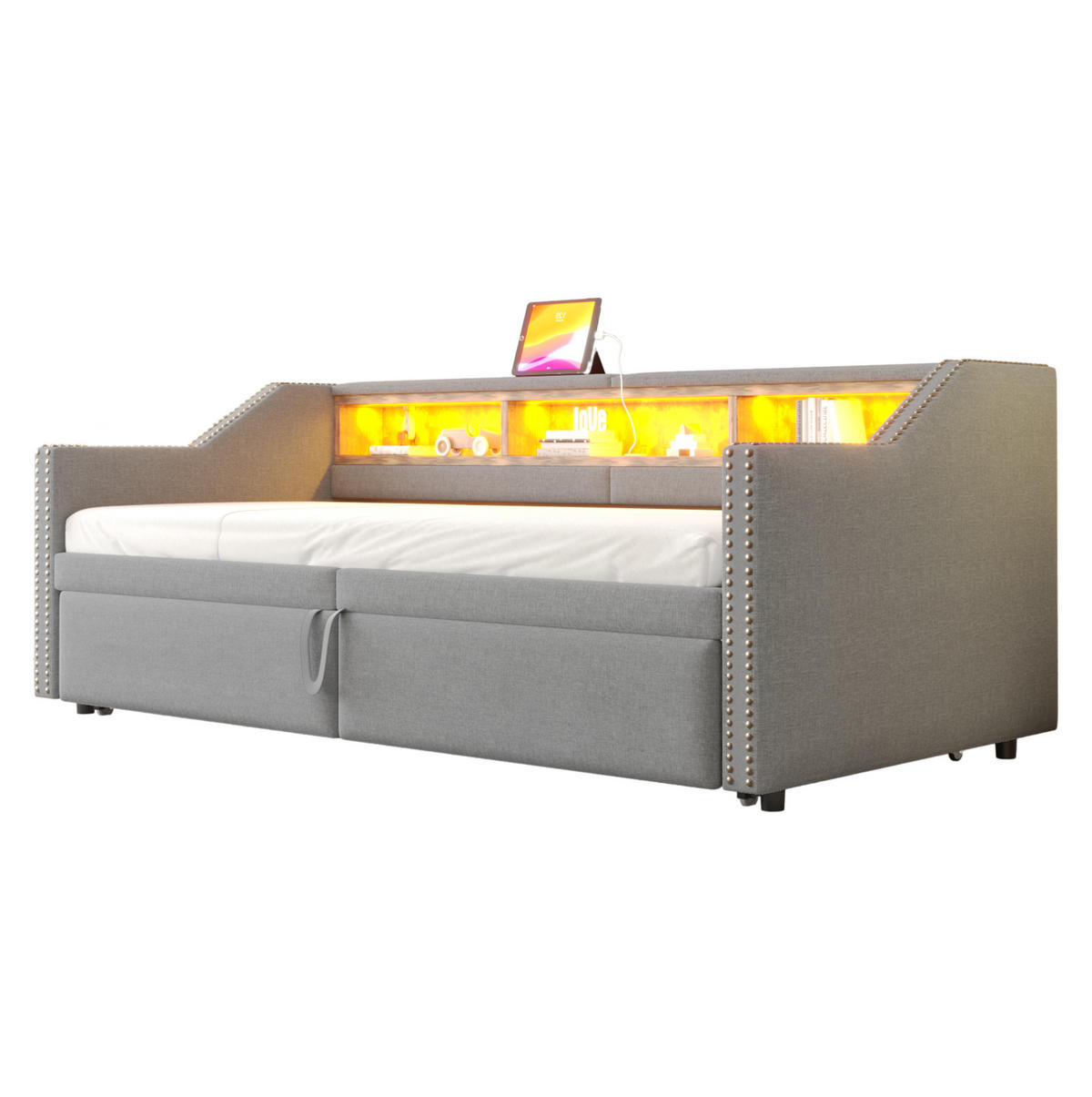 BETT aus Leinen 90/180x200 cm Hellgrau mit Ausziehfunktion, LED-Beleuchtung, USB-Anschluss und 2 Federkernmatratzen - Hellgrau, Textil (90/200cm) - Modfu