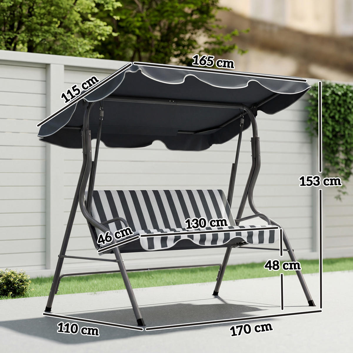 HOLLYWOODSCHAUKEL Grau-Weiß gestreift 3-Sitzer - Grau, Metall (170/153/110cm) - PANGIVO