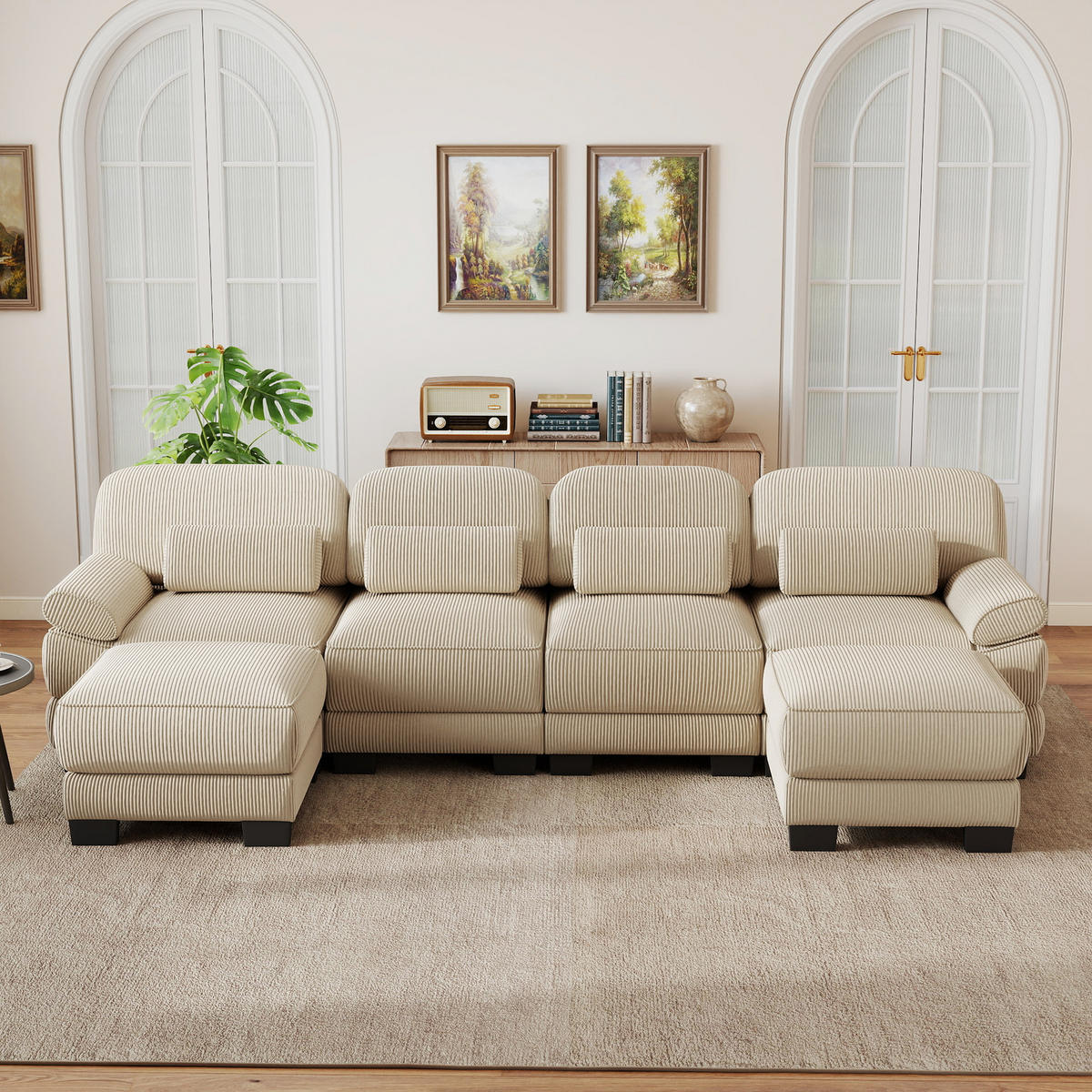 WOHNLANDSCHAFT 4-Sitzer U-Form mit 2 Hockern, DE-42659, Beige - Beige, Holz (336/94/161cm) - ComfortXL