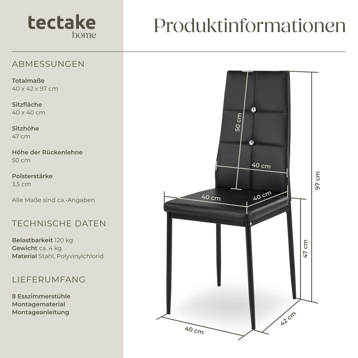 ESSZIMMERSTUHL 8er Set Julien 40 x 42 x 97 cm schwarz - Schwarz, Textil (42/97/40cm) - tectake