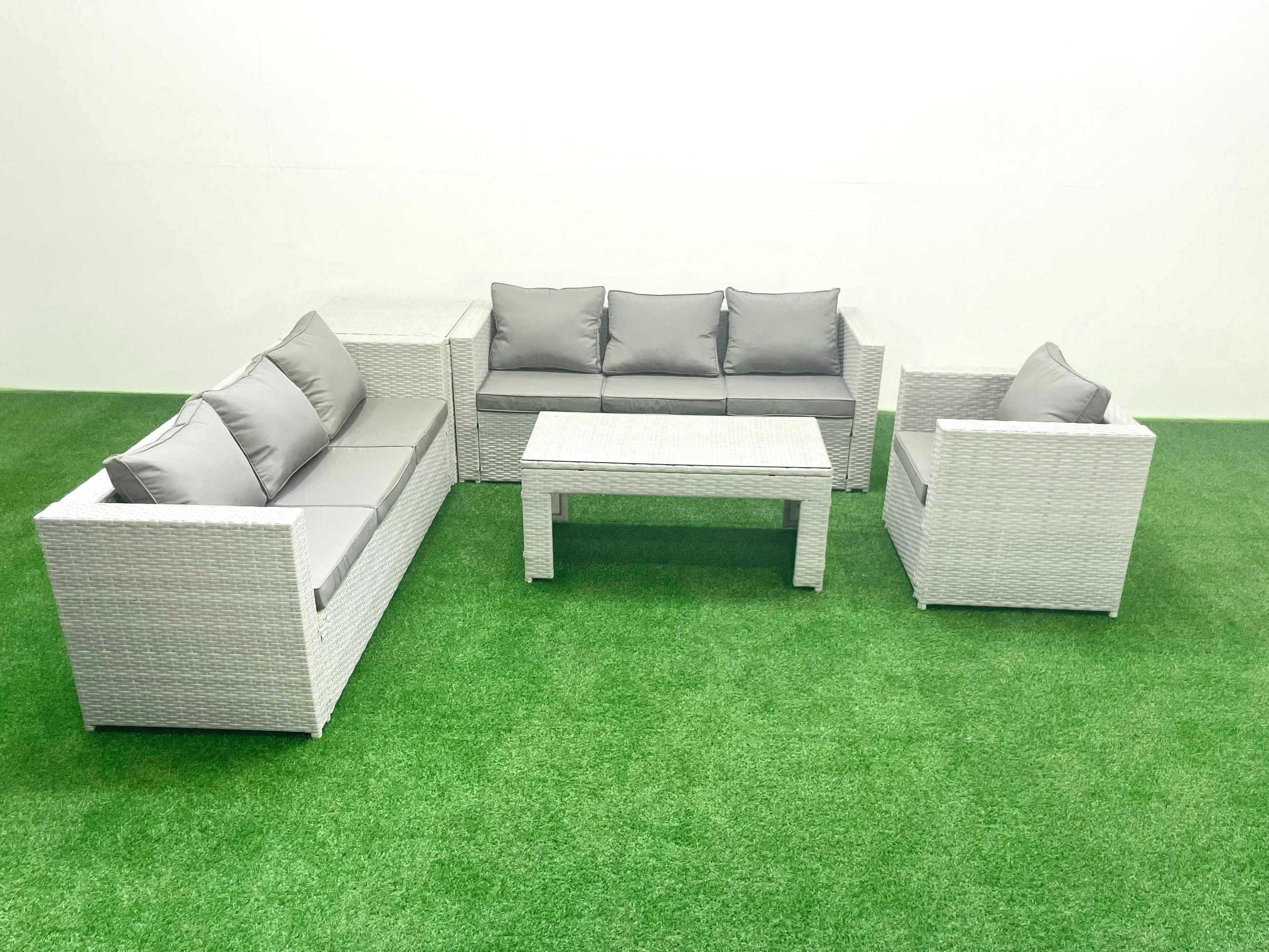 GARTENSOFA hohe Rückenlehne Polyrattan Hellgrau-Mix 7-Sitzer - Hellgrau/Grau, Glas/Kunststoff - Fimous
