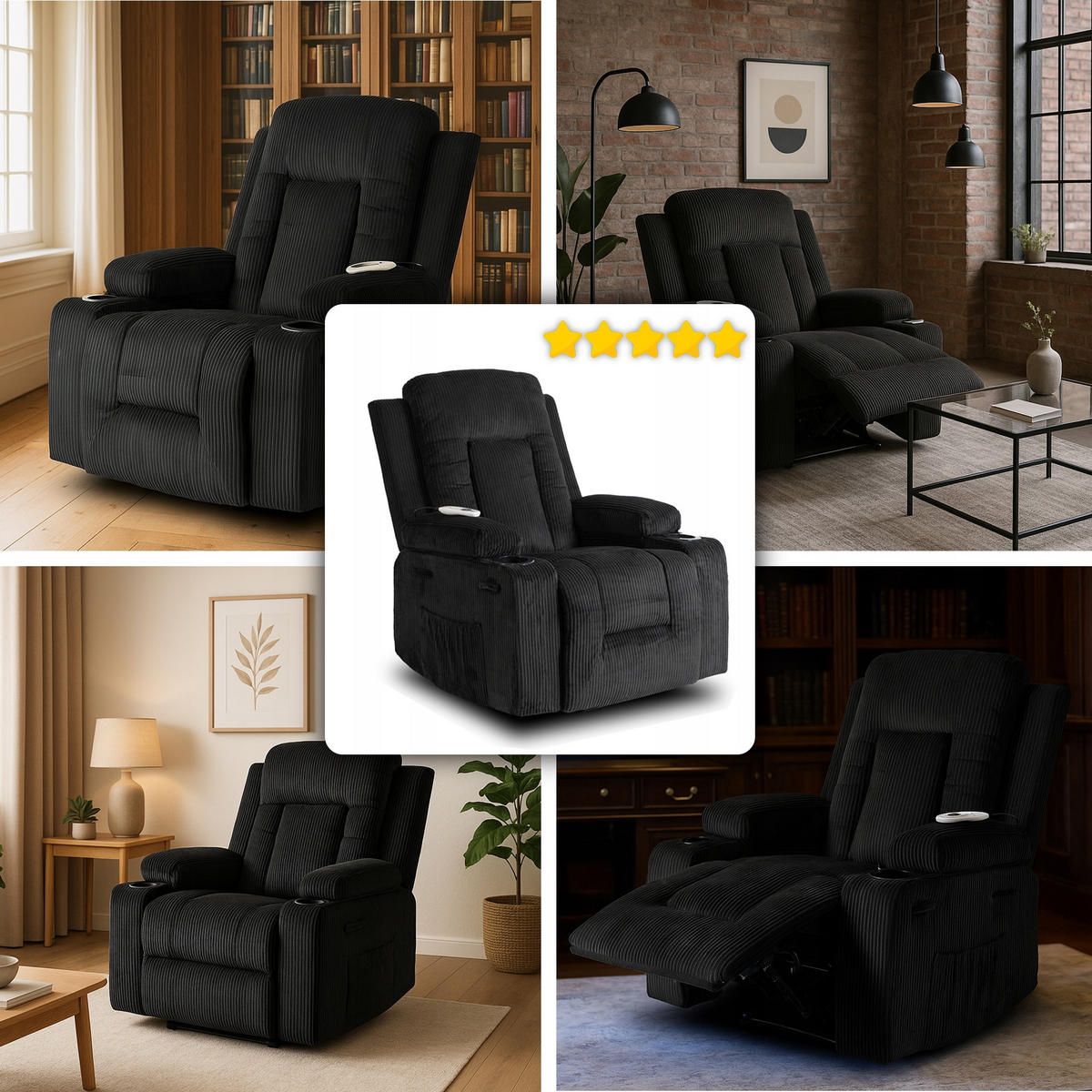 MASSAGESESSEL BOX 2 mit Fußhocker Cord Schwarz - Schwarz, Holz/Textil (87/101/85cm) - makarowski meble