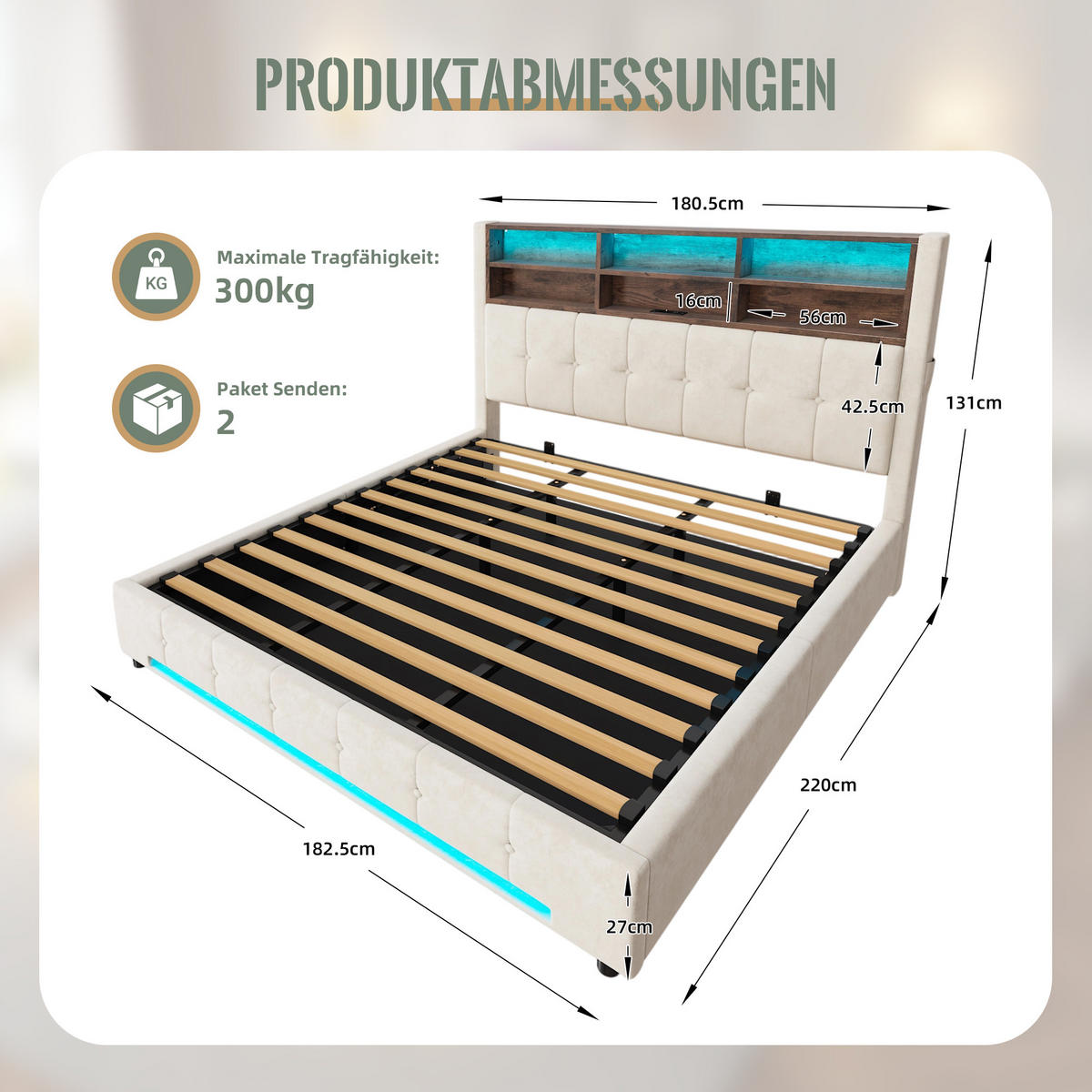 POLSTERBETT 180/200 cm in Beige mit 6 Fächern, Seitentaschen, USB-C, LED und Bettkasten aus Samt und Metall - Dunkelgrau, Holzwerkstoff/Textil - STILVORA