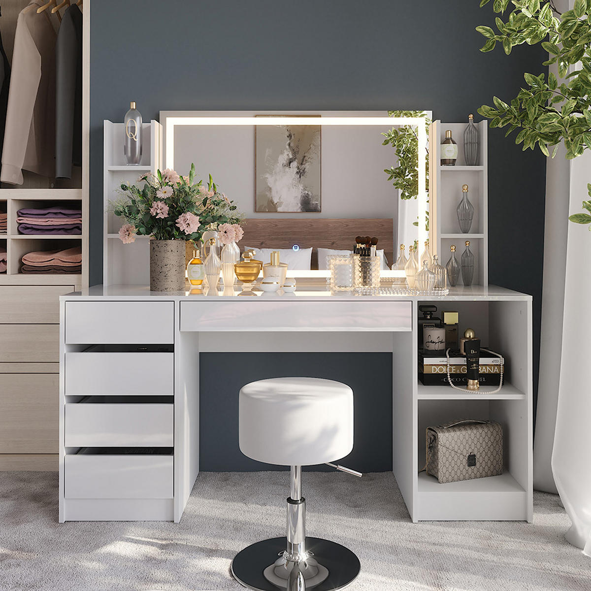 SCHMINKTISCH Sherry Weiß/Weiß Hochglanz 158.2 cm 5 Teile - Weiß Hochglanz, Holzwerkstoff (158.2/76/50.1cm) - Vicco