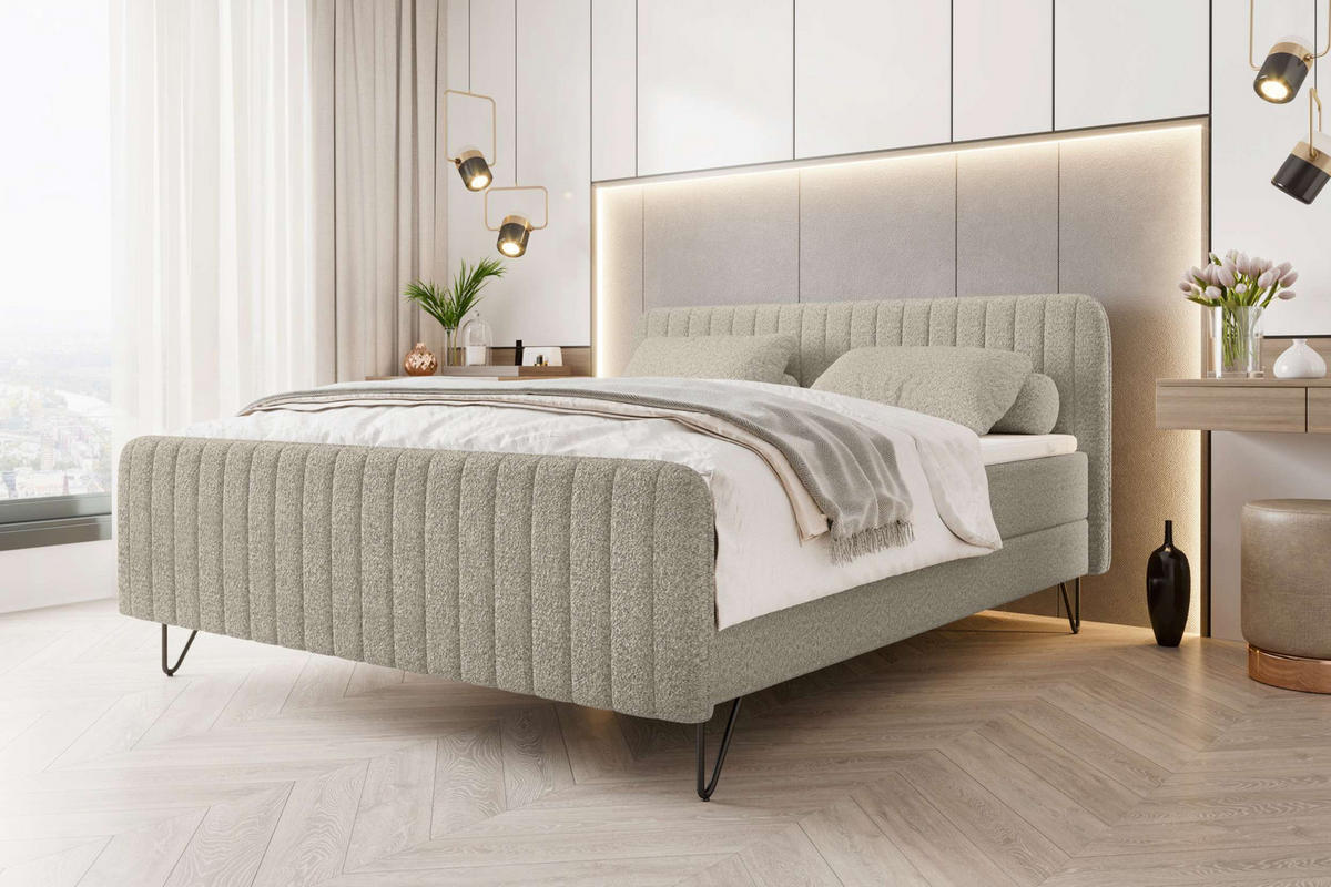 BOXSPRINGBETT LUCIO Bouclé-Stoff Creme 160/200 cm - Creme/Schwarz, Textil/Metall (160/200cm) - 99rooms