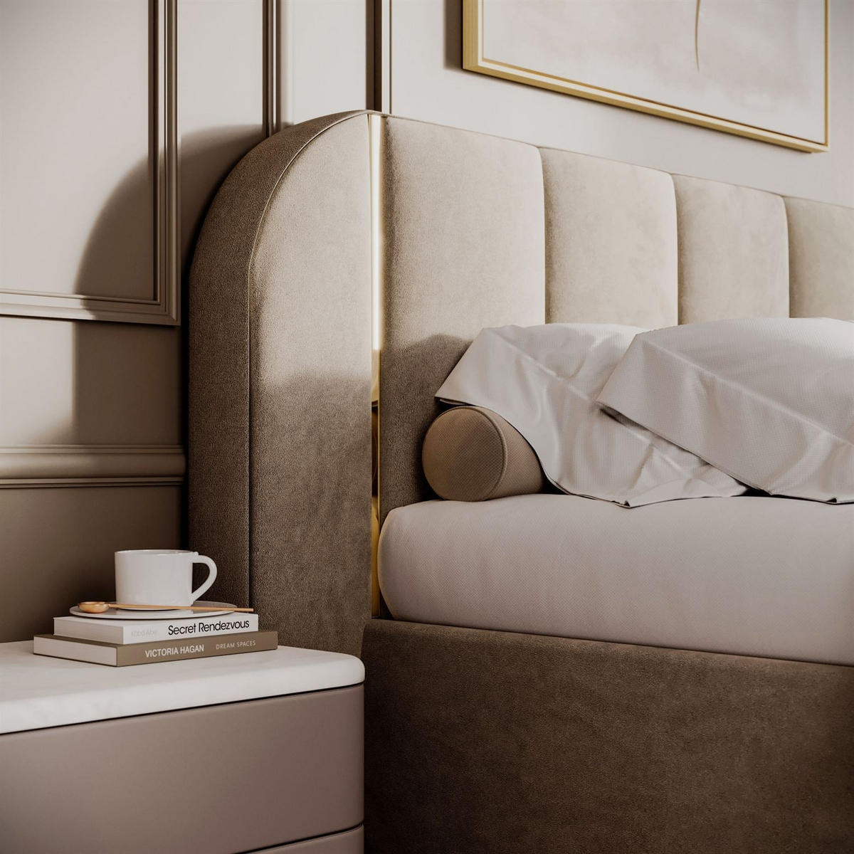 BETT AMARA GOLD 160x200 gepolstert mit Stauraum und Lattenrost, Royal Velvet 180 - Taupe, Textil (160/200cm) - Lookway