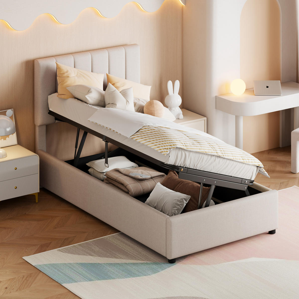 KINDERBETT 90/200 cm, in Beige, Stauraumbett mit Hydraulischem Bettkasten, Höhenverstellbares Gepolstertes Kopfteil, Lattenrost für Kinderzimmer - Beige/Schwarz, Holz/Textil (90/200cm) - BPKADHY