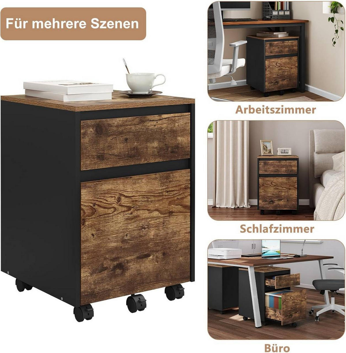 ROLLCONTAINER, Aktenschrank, 40x57x40cm, Vintage-Holzoptik - Dunkelbraun, Holzwerkstoff (40/57/40cm) - Woltu