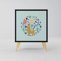 SIDEBOARD COLORFUL ALPACAS, Schwarz, 57,5x42x75,5 cm, Goldfarbene Metallfüße - Goldfarben/Multicolor, Holzwerkstoff/Metall (57.5/75.5/42cm) - SpaceRebels