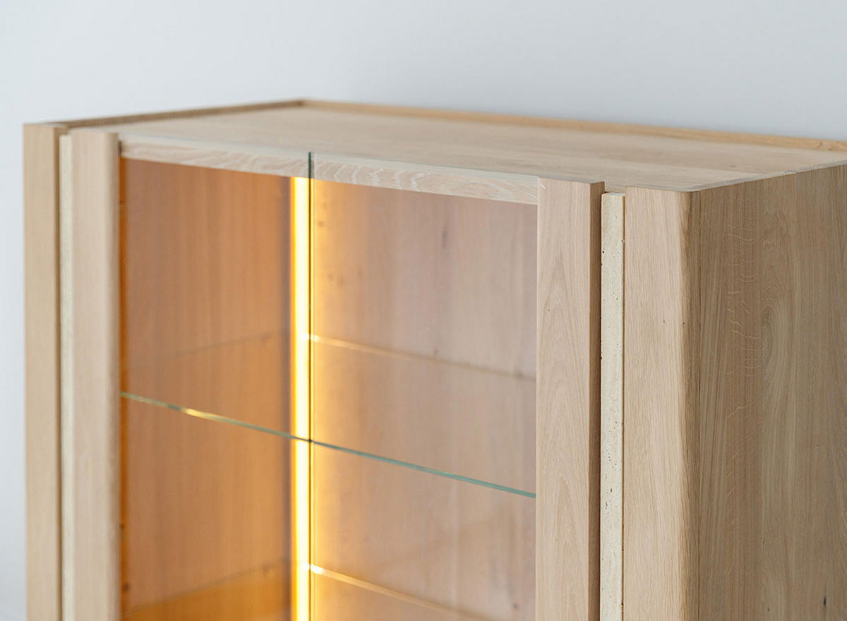 VITRINE Travertino Wildeiche gebleicht / Travertin Naturstein 100 / 46 / 106cm - Wildeiche, Glas/Holz (100/106/46cm) - Feldmann-Wohnen