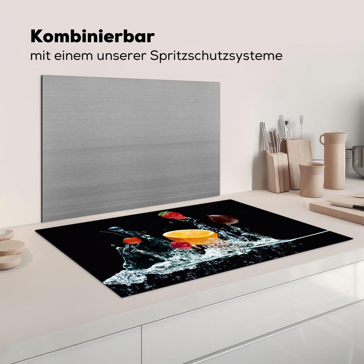 KRYT NA INDUKČNÍ DESKU Voda - Ovoce - Pomeranč - Jahoda - Třešeň - Černá 85x52 cm - pomerančová, plast (85/52/0.2cm) - MuchoWow