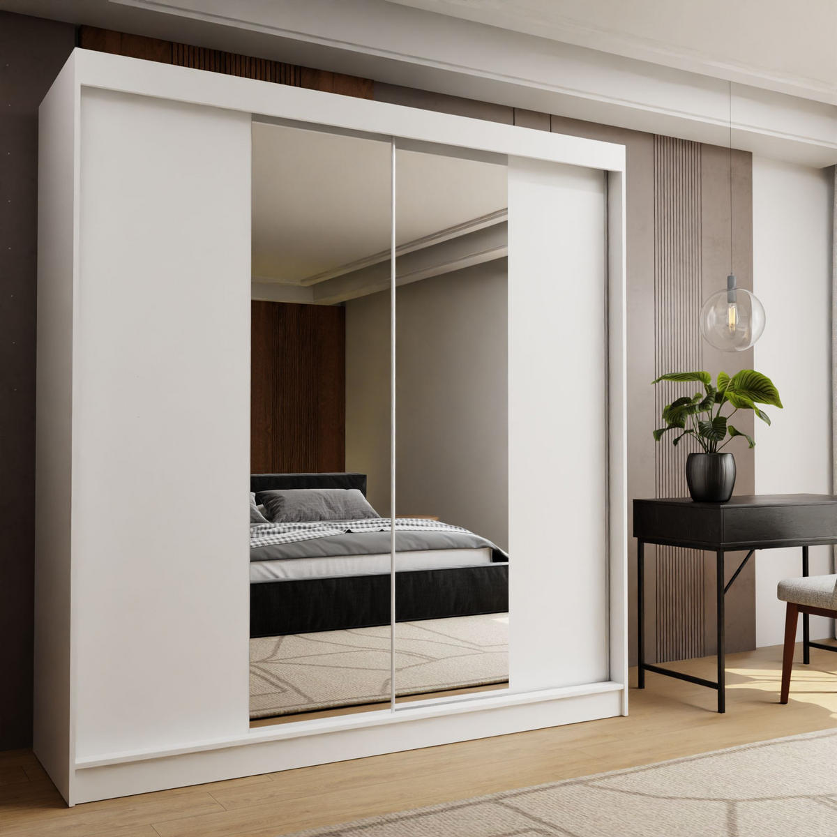 SCHWEBETÜRENSCHRANK LUCENZA 200/216/61 cm 2-türig mit Spiegel Weiß - Weiß, Holzwerkstoff (200/216/61cm) - MASSENO