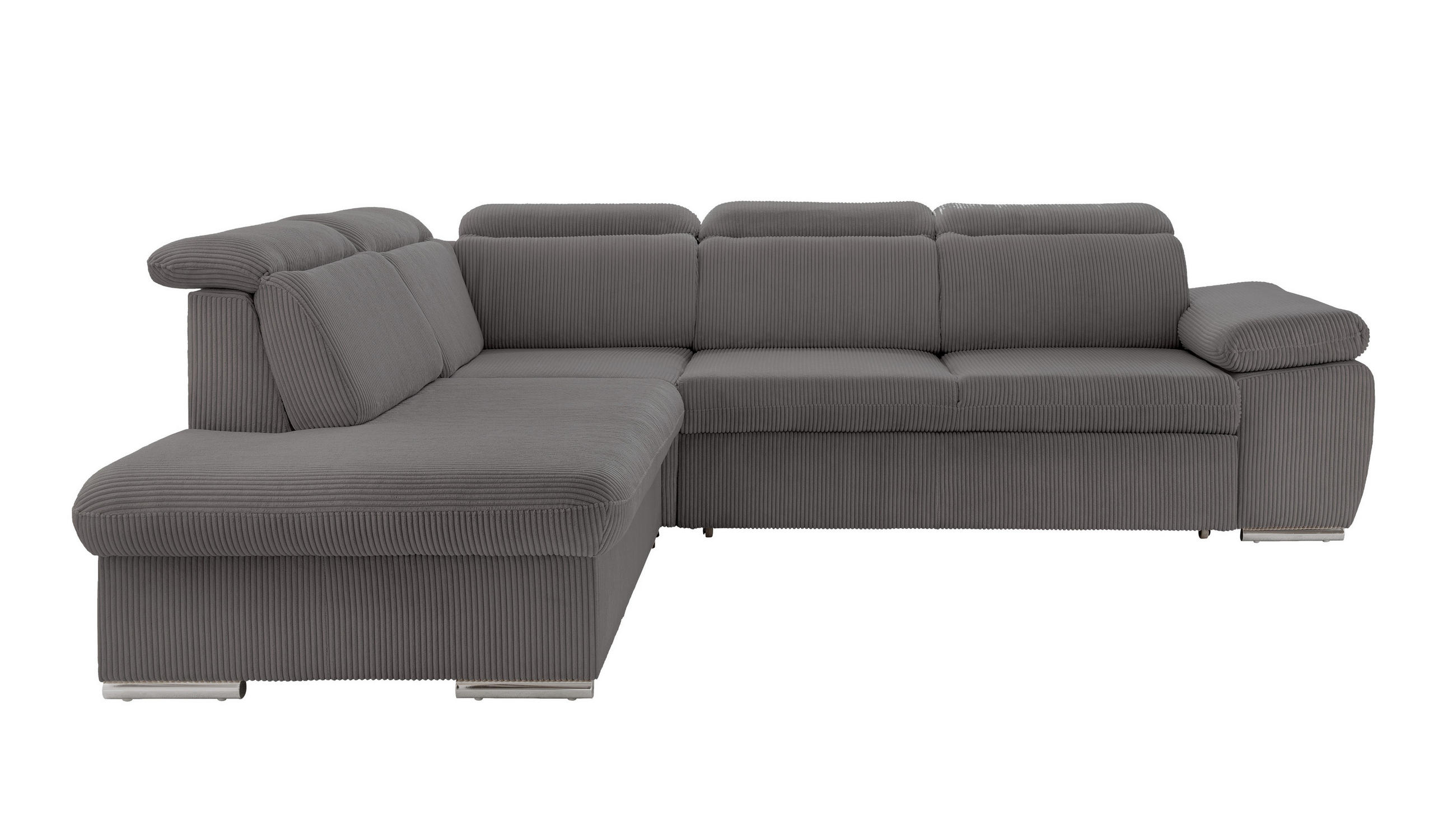 ECKSOFA mit Schlaffunktion, Bettkasten, Kopfstützen verstellbar, Wellenunterfederung, Ottomane links B283/T228/H102 cm, Cord Grau Anthrazit / 17219 - Chromfarben/Schieferfarben, Textil/Metall (283/228cm) - luma-home