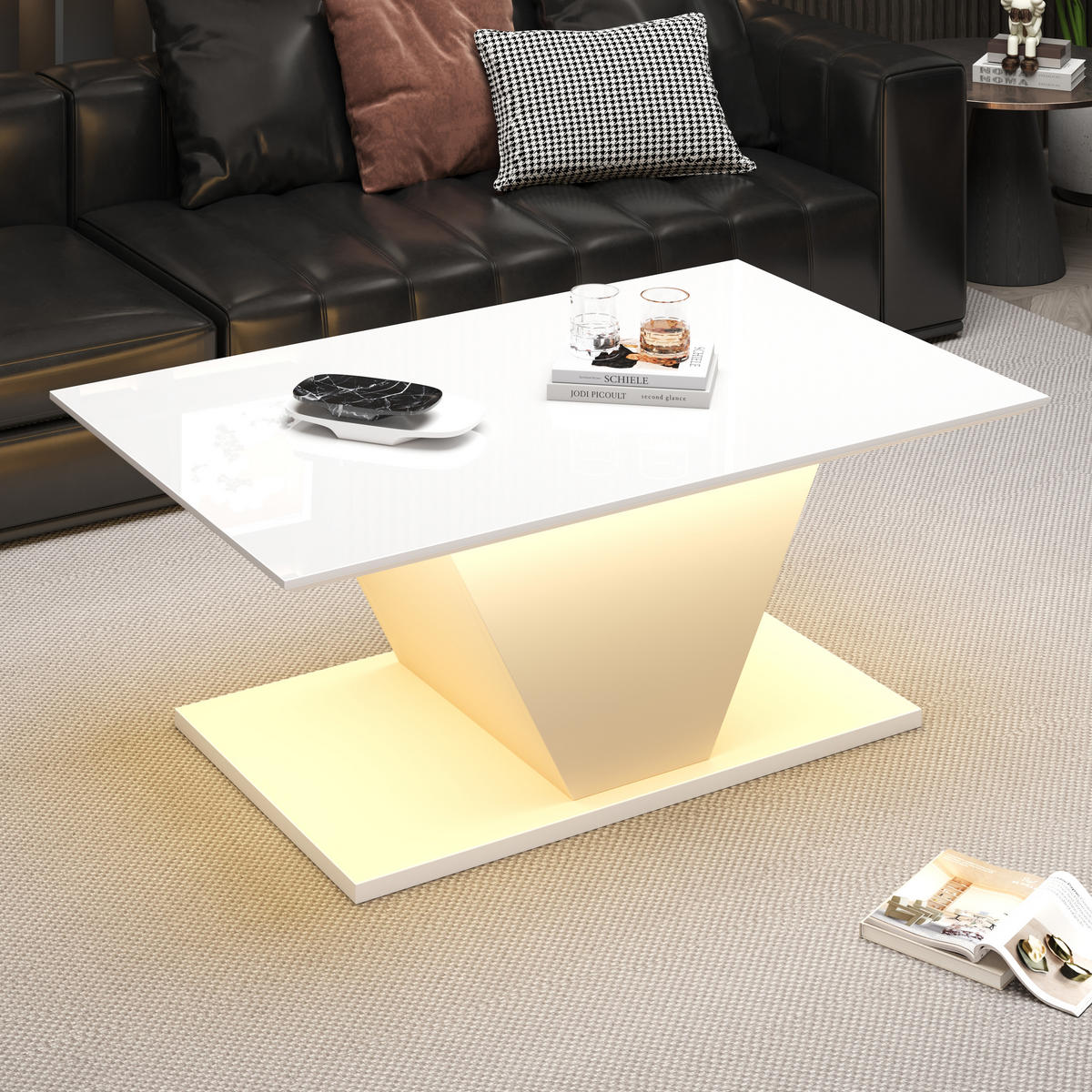 COUCHTISCH 100/50/46 cm V-Form mit LED-Beleuchtung hochglänzend weiß - Weiß, Holzwerkstoff (100/50/46cm) - OKWISH
