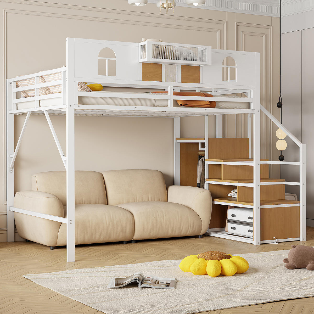 HOCHBETT 140/200 cm mit Stauraumleiter in Weiß - Weiß, Metall (140/200cm) - OKWISH