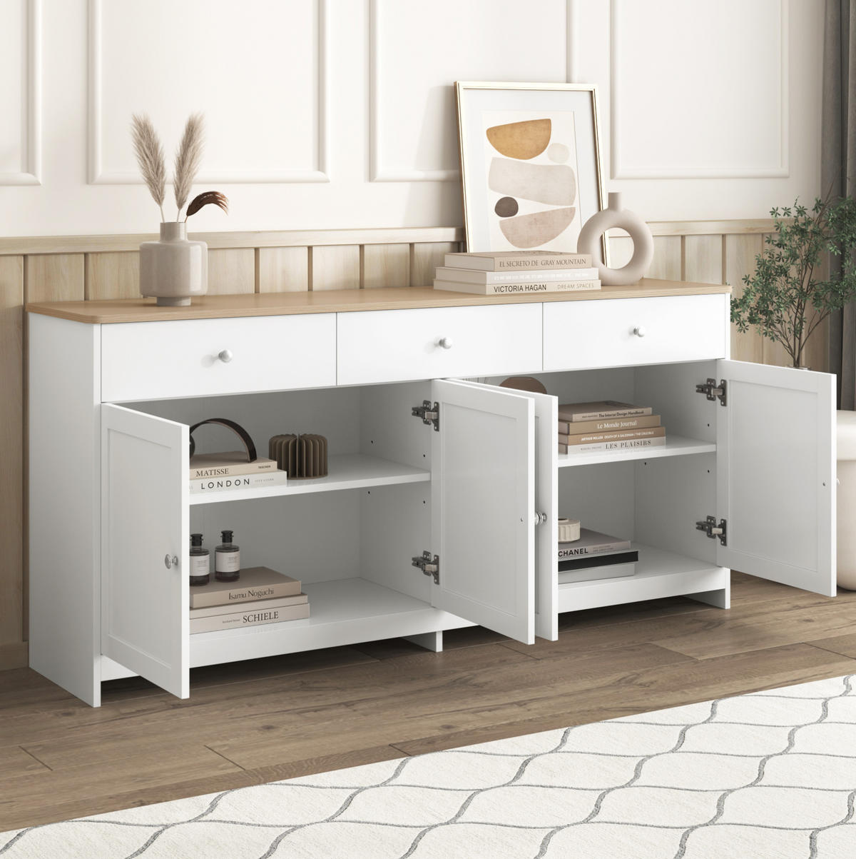 SIDEBOARD 160/37/75 cm in Weiß/Holzfarben mit 4 Türen und 3 Schubladen - Weiß, Holzwerkstoff (160/75/37cm) - Flora Grace